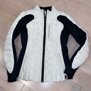 Bacon Italian virgin goose down black stretch trim white jacket